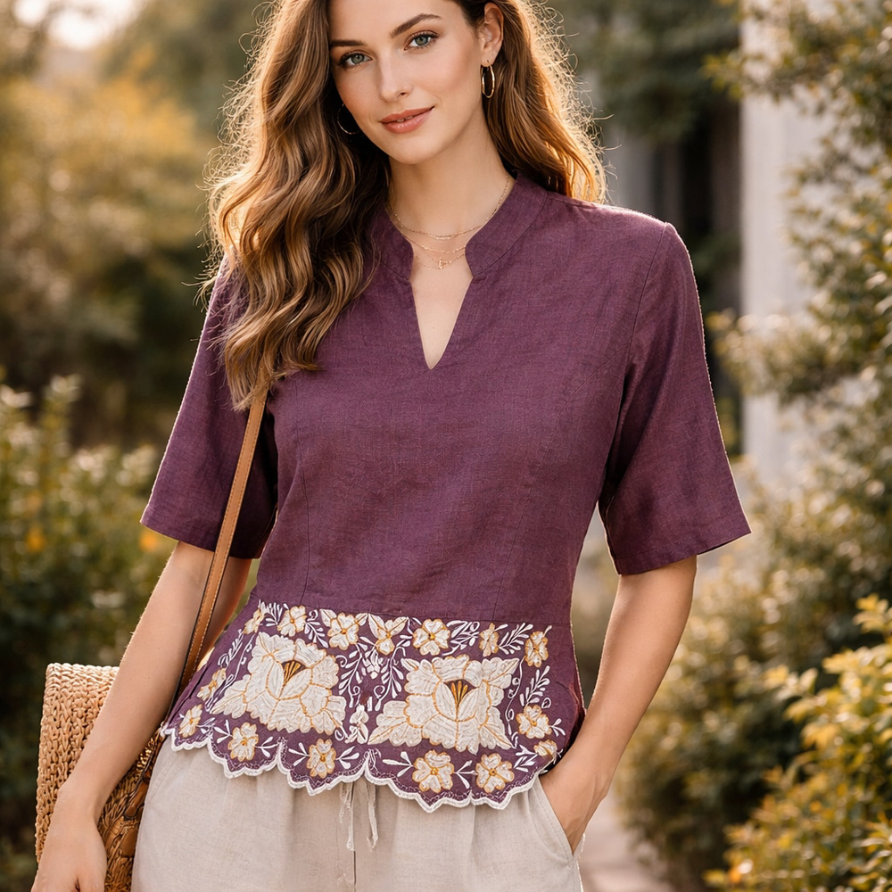 Vintage Inspired Embroidered Linen Blend Blouse Cottagecore Boho Dark Academia M - Picture 1 of 11